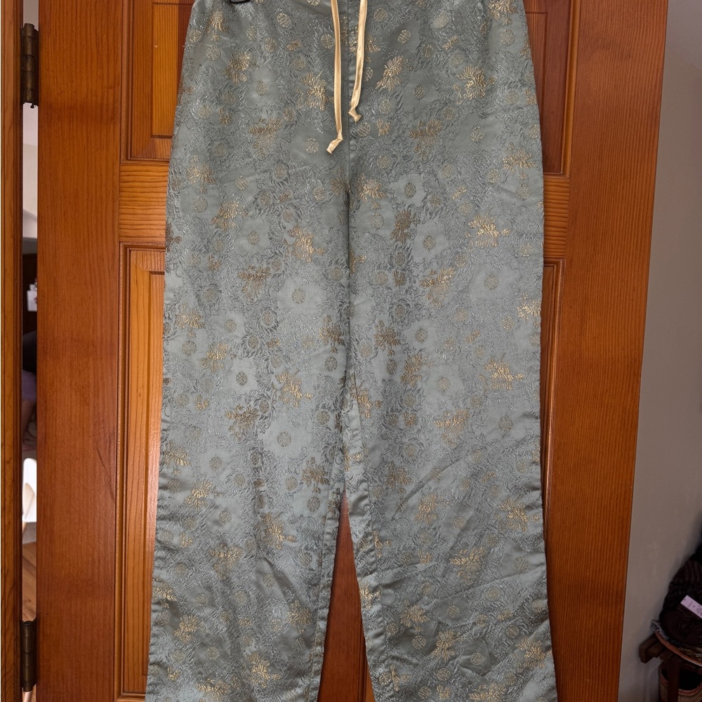 Silky Asian inspired Sage Floral Brocade Pant